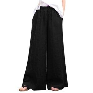 Chaps Linen Blend Pants Womens L Black Pull On Wide Leg Flowy Boho Witchy